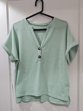 SHEIN Mint Waffle Henley Short Sleeve Top